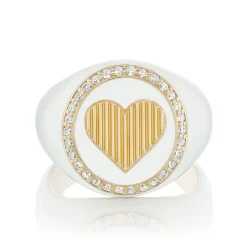 White Diamond and White Enamel Heart Signet Ring in Yellow Gold