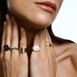 White Diamond and White Enamel Heart Signet Ring in Yellow Gold