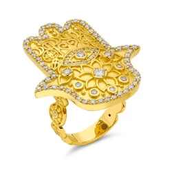 White Diamond and Yellow Gold Hamsa Ring