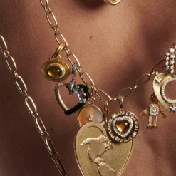 White Diamond Heart Charm in Black Enamel with White and Yellow Gold