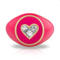 White Diamond Heart Signet Ring in Yellow Gold