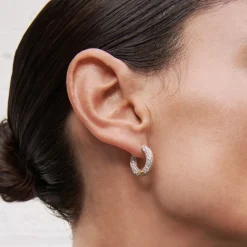 White Diamond Pavé Arco Hoop Earrings in Yellow Gold