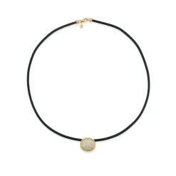 White Diamond Pavé Scuba Choker in Black Leather and Yellow Gold