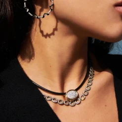 White Diamond Pavé Scuba Choker in Black Leather and Yellow Gold