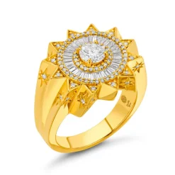White Diamond Sun Signet Ring in Yellow Gold