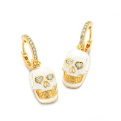 White Enamel and Diamond Skull Huggies