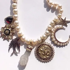 White Pearl and Garnet Estelle Crescent Charm in Yellow Gold