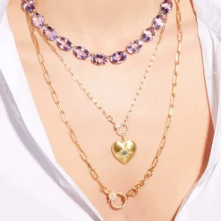 Yellow Gold Elongated Link Chain with Small Pave Diamond Lock